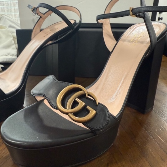 Gucci Marmont Black Platform Sandals Heels Leather GG Size EU 39 High Block Heel - Picture 1 of 6